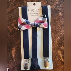 The Class Club - Navy Suspenders with Pink & Navy Plaid Bow Tie
